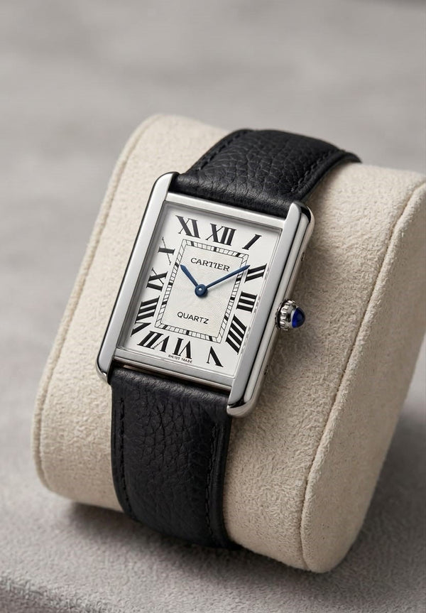 Cartier watch with black leather strap on a gray background